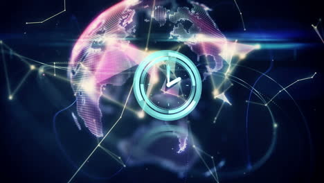 animation of globe with network of connections over clock moving fast
