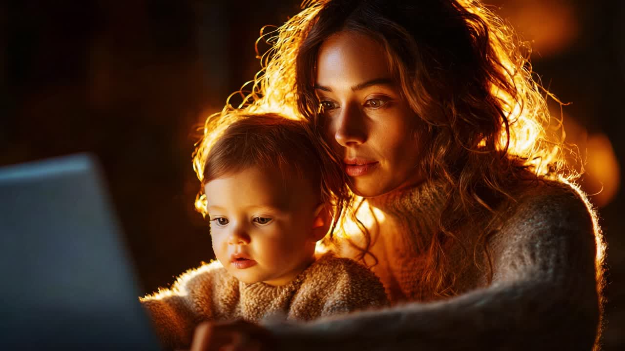 A Heartwarming Moment: A Mother and Her Child Engaged in a Digital Exploration Together, Sharing a Special Bond as They Interact with a Laptop in a Cozy, Illuminated Setting