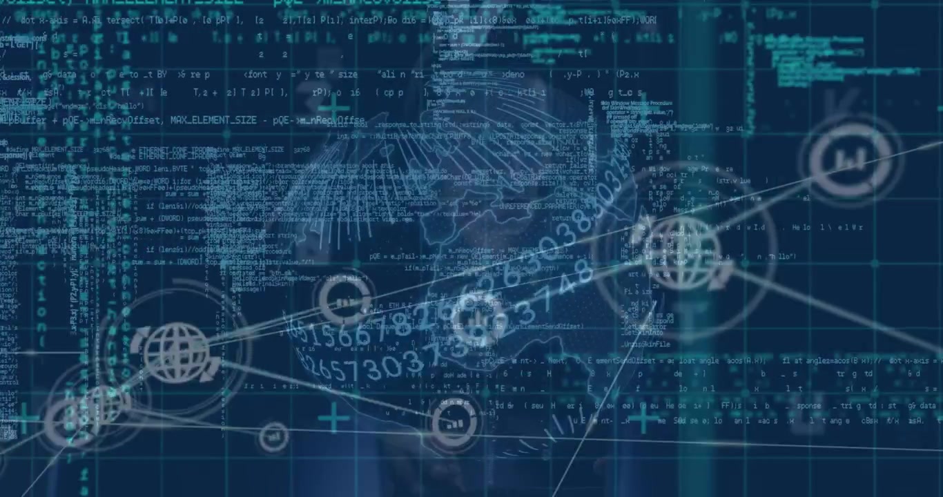 Animation of digital interface and network of connections over hacker