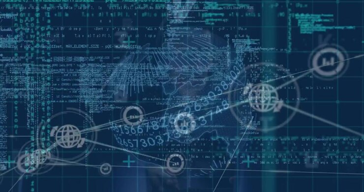 Animation of digital interface and network of connections over hacker