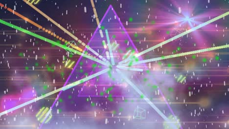 Animation-of-multiple-rays-of-light-and-purple-triangle-with-white-falling-spots