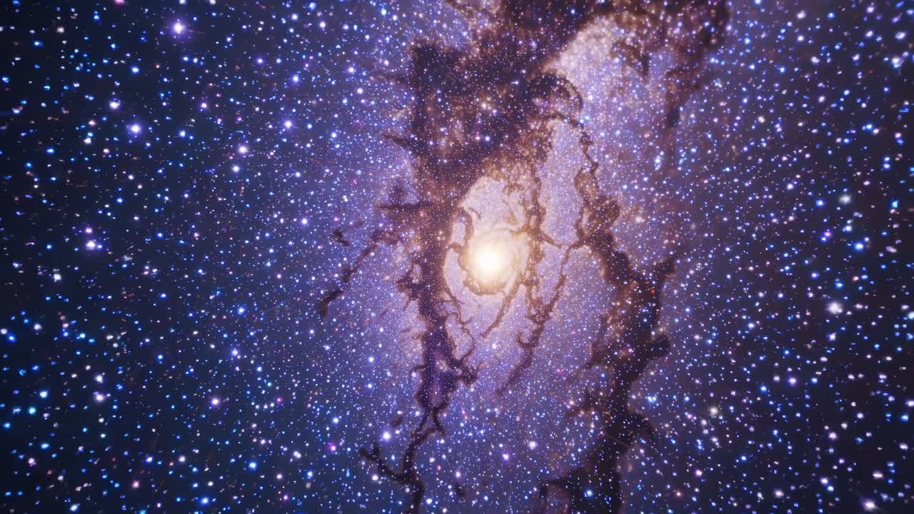 A mesmerizing cosmic scene from a top-down angle, showcasing a vibrant galaxy with swirling stars