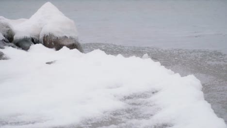 static shot of ice waves hitting ice shelf and ice covered rocks