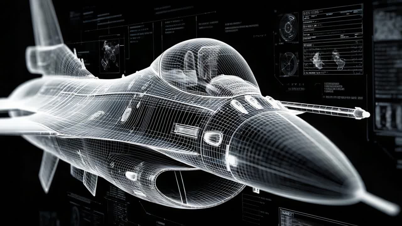 A Detailed Wireframe Model of a Modern Fighter Jet Surrounded by Technical Readouts and Analysis, Showcasing Advanced Aeronautical Engineering and Design