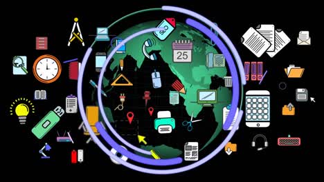 Animation-of-icons-over-globe-on-black-background