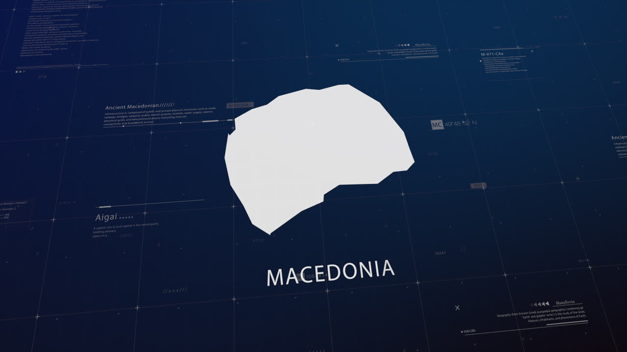 Macedonia country map comes to life with cinematic panning, unveiling key details, the capital, and slogan, providing an engaging background for corporate and commercial use