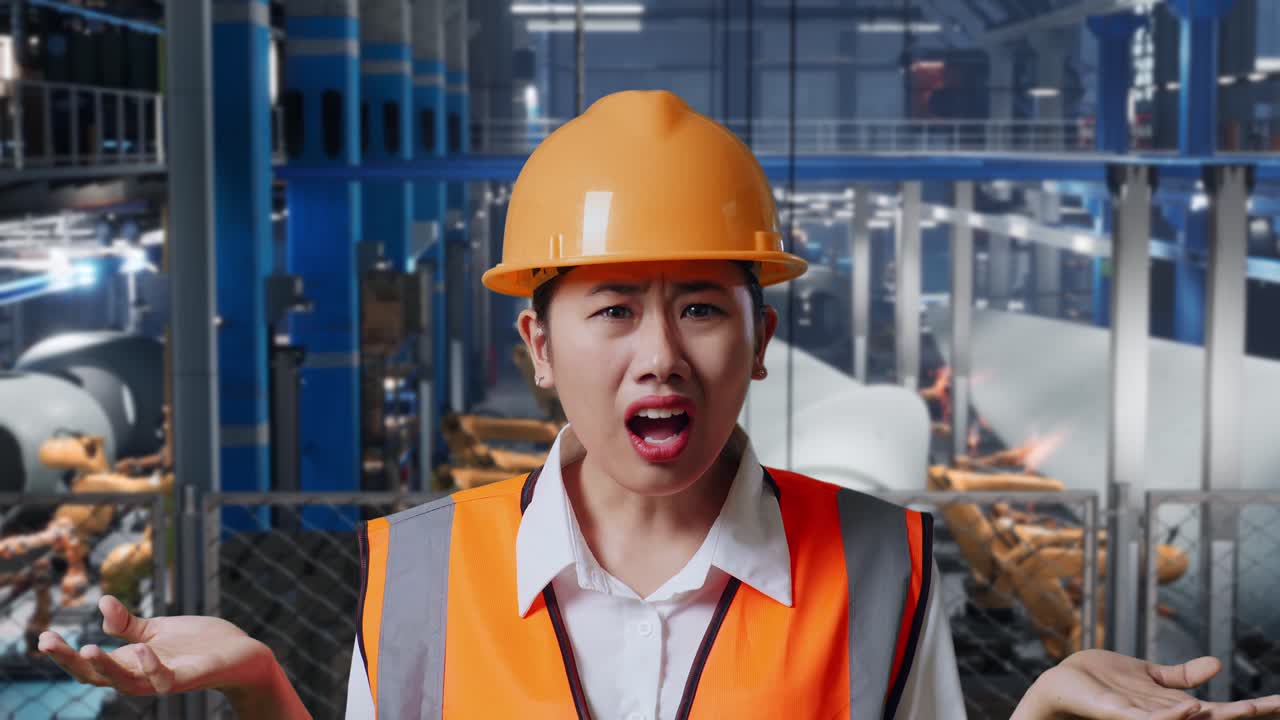 안전 헬을 입은 아시아 여성 엔지니어가 풍력 터빈 제조 공장에서 서서 로 팔이 작동하는 동안 왜 의심스럽게 일하는지 궁금해하고 말합니다.