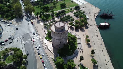 A-Bird's-Eye-View-of-Thessaloniki-White-Tower-in-Greece---4K-Aerial