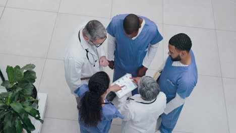 teamwork, documents or top view of doctors