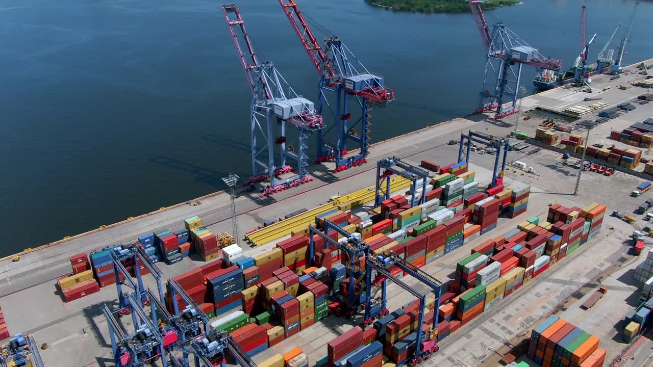 Aerial View of Shipping Docks and Container Port Next to Rio-Niteroi Bridge in Rio de Janeiro, Brazil