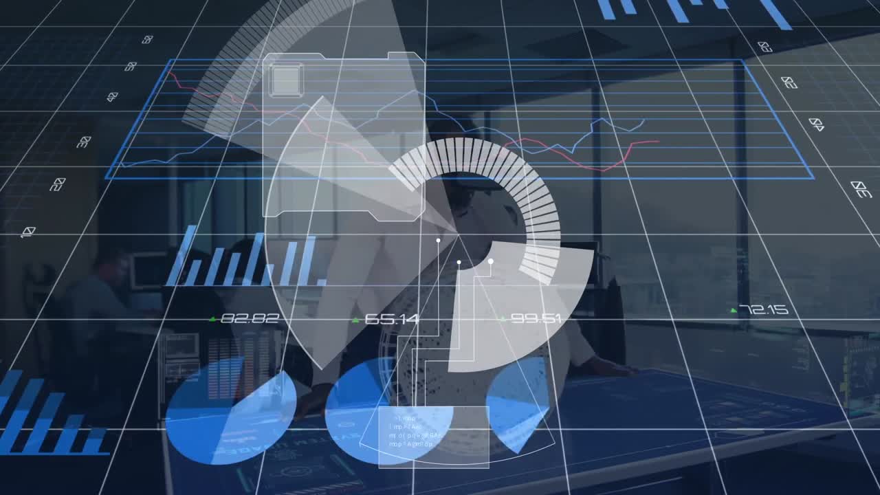 interfaz digital con procesamiento de datos sobre un hombre de negocios afroamericano que usa auriculares vr en la oficina