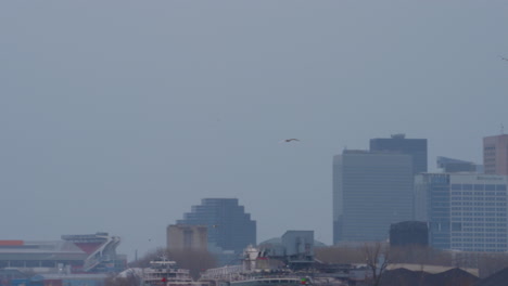 cleveland skyline near lake erie on a misty, rainy day