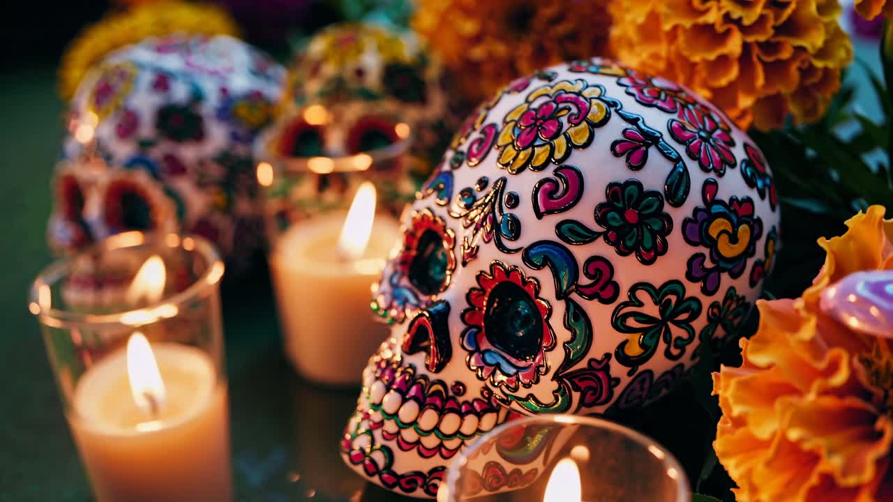 Close-up angle of vibrant, floral-decorated sugar skulls and candles, capturing the festive essence