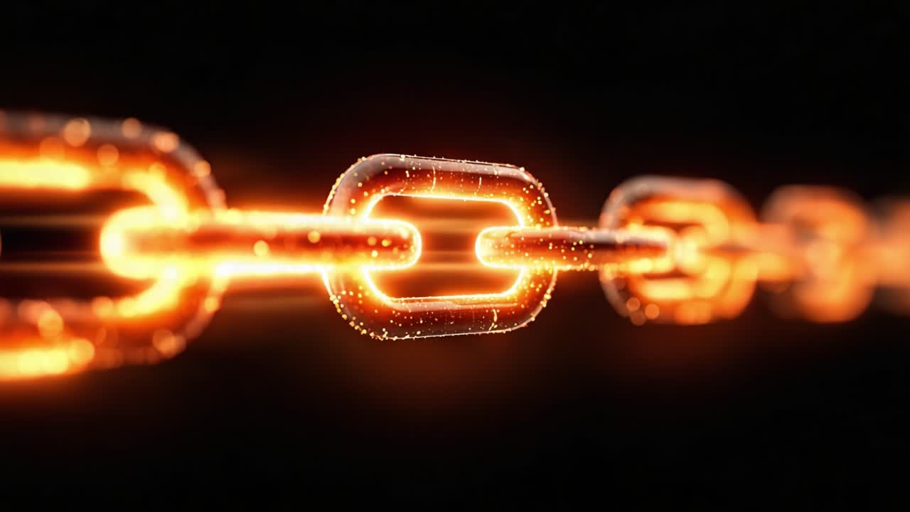 A Dynamic Visualization of a Glowing Chain Link, Highlighting the Interconnectedness and Strength of Metal Links with a Captivating Orange Glow Against a Dark Background