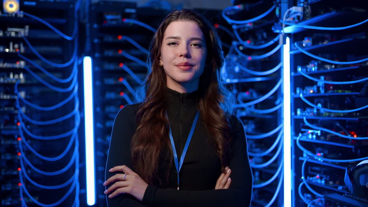 Donna in piedi in una server room