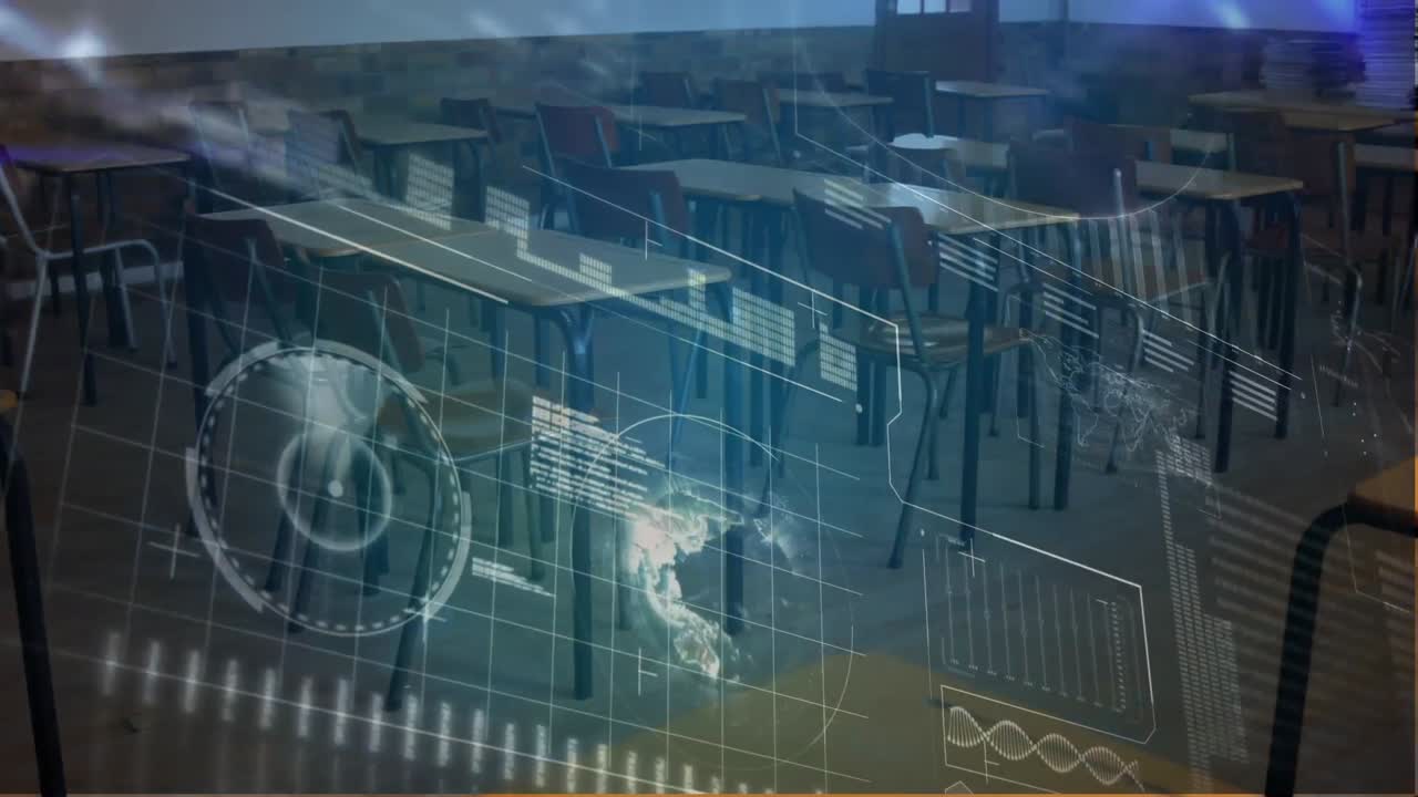 Animation of an classroom over statistics showing in the background