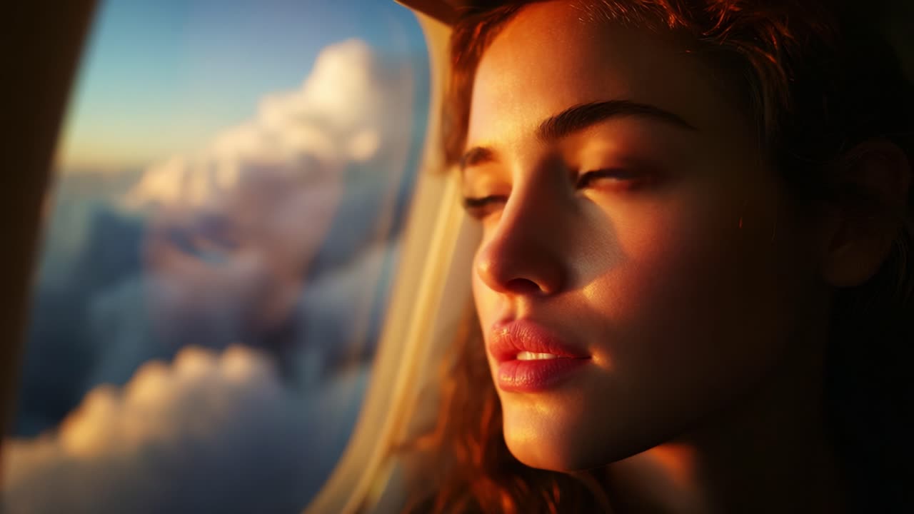A Thoughtful Glance: Capturing the Serenity of a Young Woman Gazing Out of an Airplane Window at Sunset, With Beautiful Lighting Highlighting Her Features Against a Backdrop of Clouds