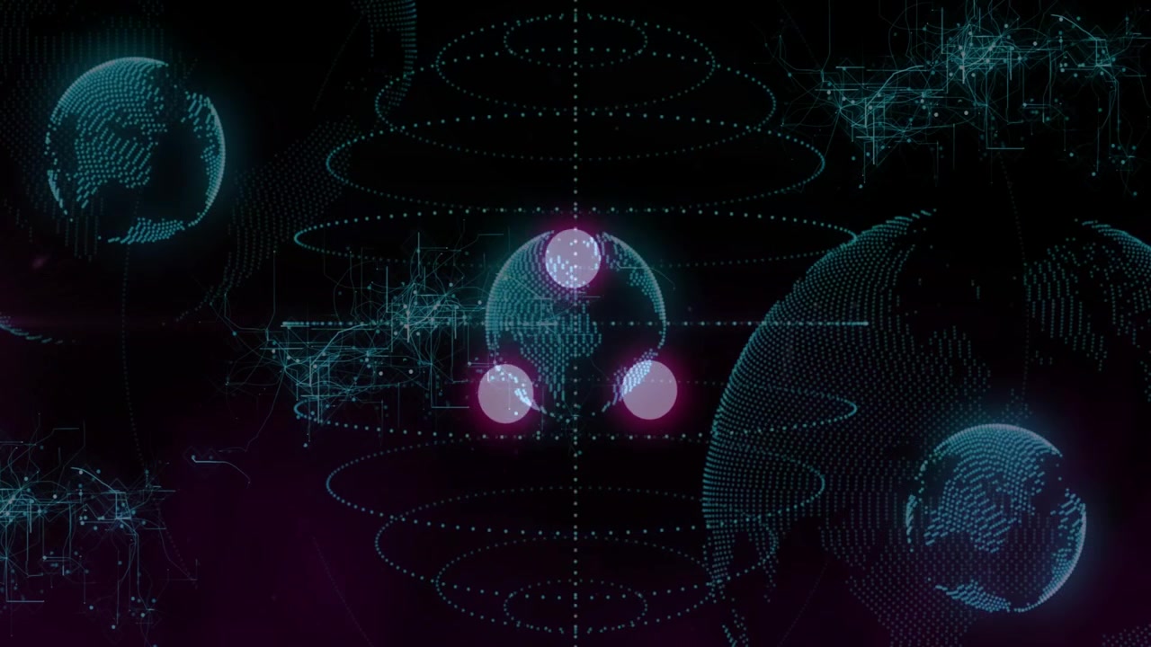Magenta nodes activating central teal globe rotating while nodes orbiting and pulsing showing depth