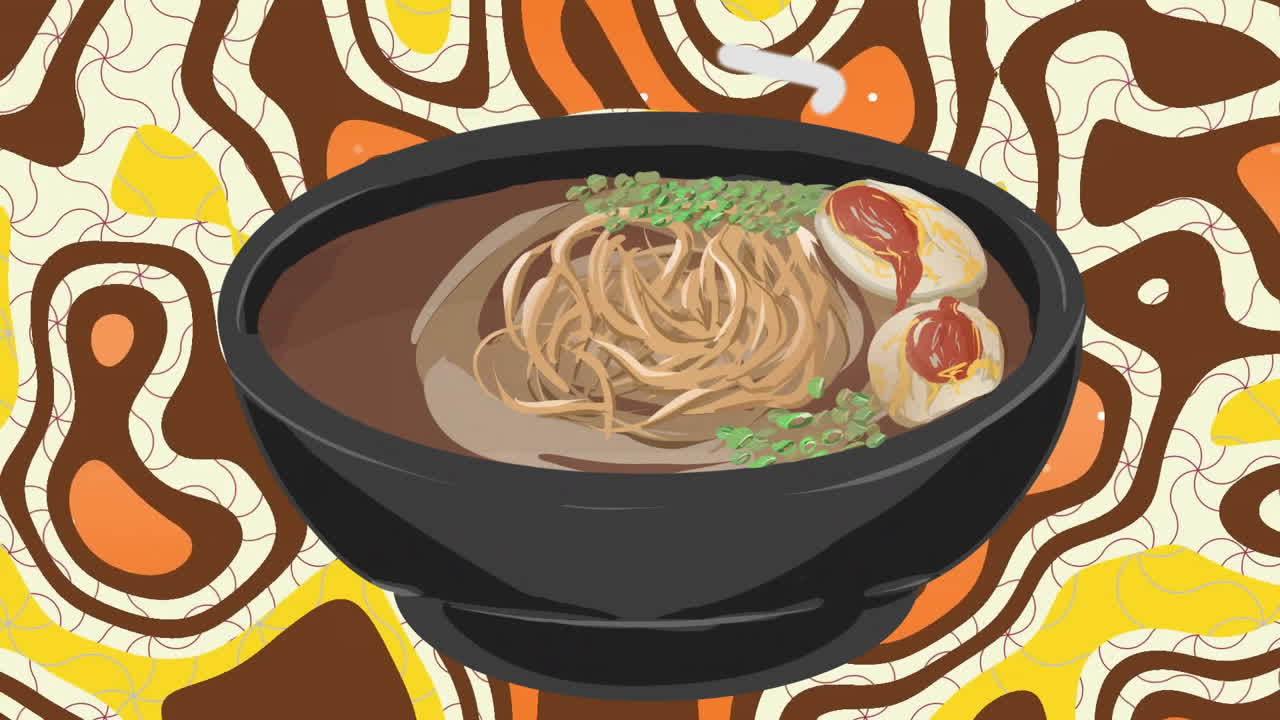 Ramen bowl with chopsticks, eggs, and vegetables over abstract colorful background