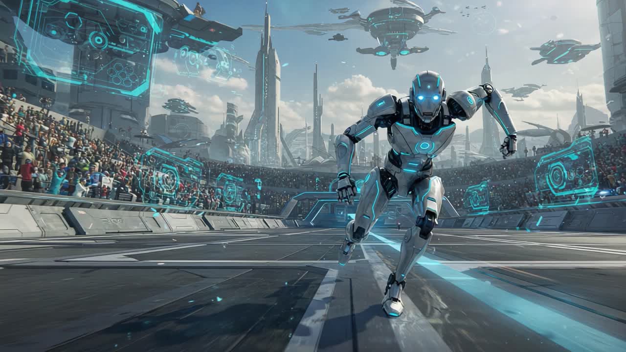 A Futuristic Race Track Showcasing Advanced Robotics: Spectators Gather to Witness a High-Tech Competition Featuring an Agile Robot in a Dazzling Sci-Fi Cityscape