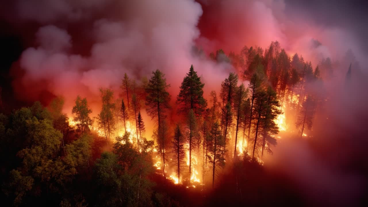 A Devastating Forest Fire Unfolds: Smoke and Flames Engulf the Trees in a Harrowing Display of Nature's Fury and the Impact of Wildfires on the Environment