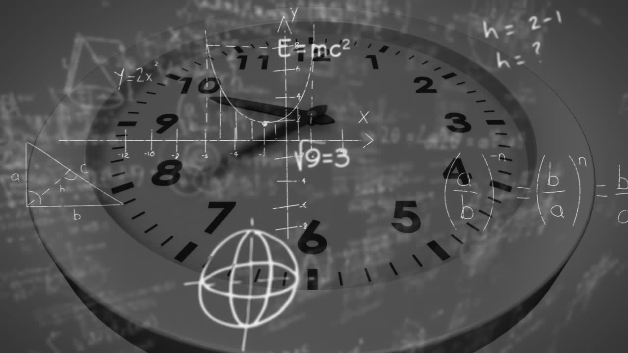 reloj con ecuaciones matemáticas y gráficos animación sobre fondo negro