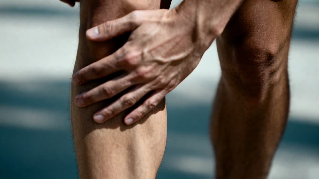 Dopo aver terminato la corsa, massaggiando il corridore in pantaloncini atletici mentre preme la mano sulla parte inferiore della gamba sul sentiero.