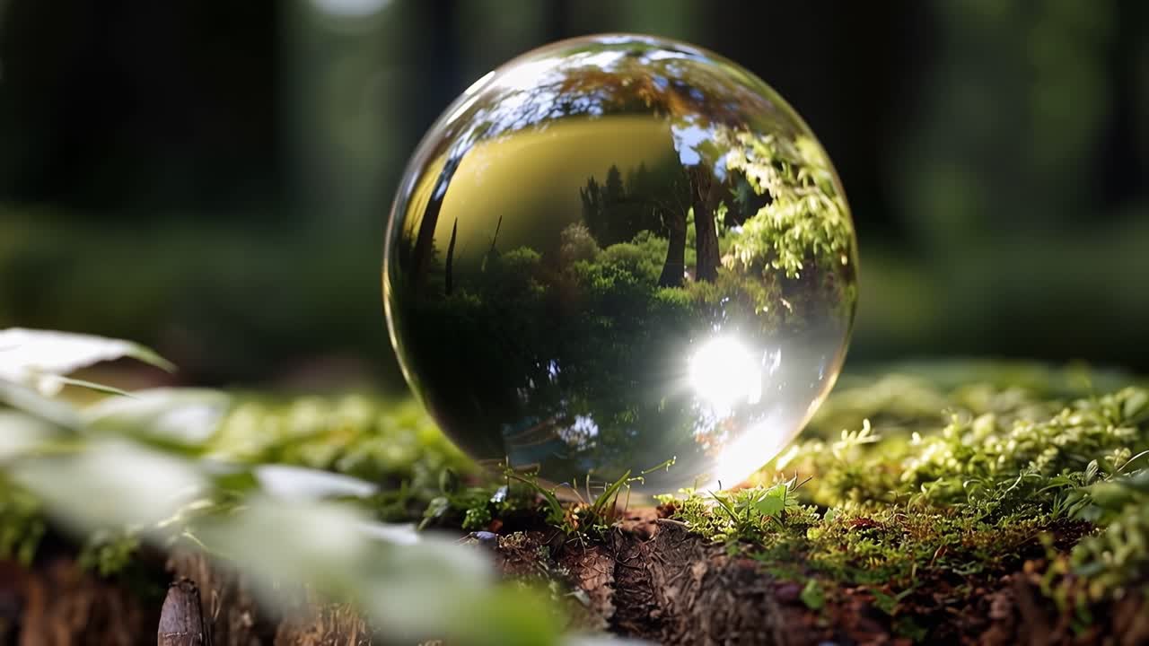 Glass sphere rests on mossy forest floor. Reflections show greenery, light, and hidden depth. Nature's quiet beauty captured in simple, clear form. Ideal for eco-themed visuals, mindfulness