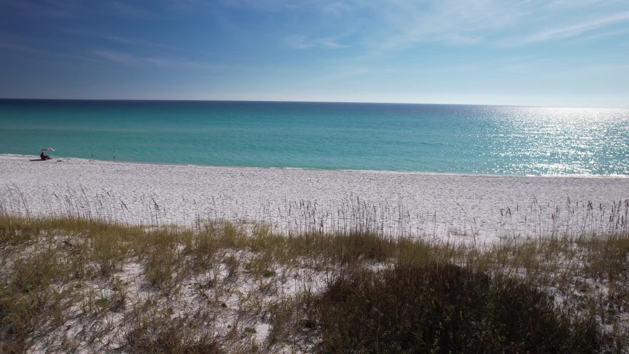 White sand dunes meet the emerald Gulf of Mexico under a bright blue sky. A wide shot captures beachgoers enjoying the clear water and the pristine, sunny shoreline