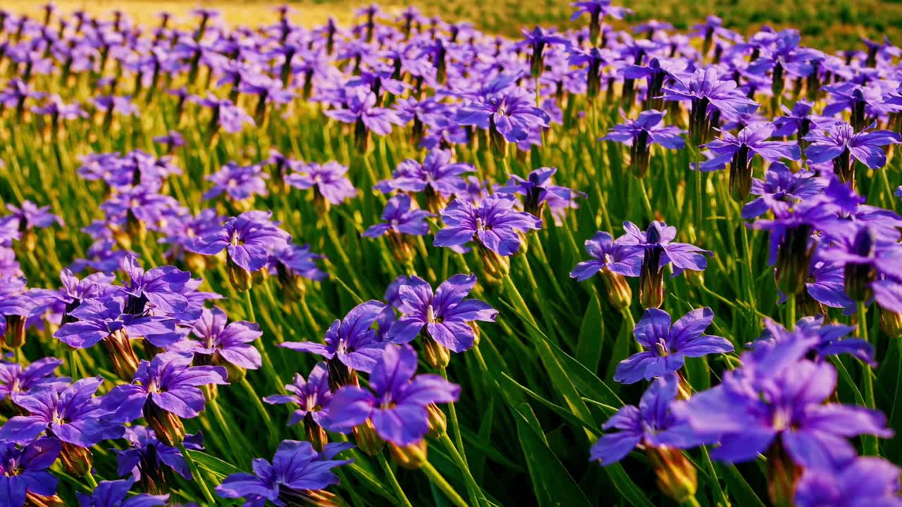 Vibrant purple flowers in a field, captured from a low-angle, creating a serene and immersive video