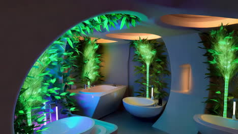 futuristic bathroom with lush greenery and neon lighting