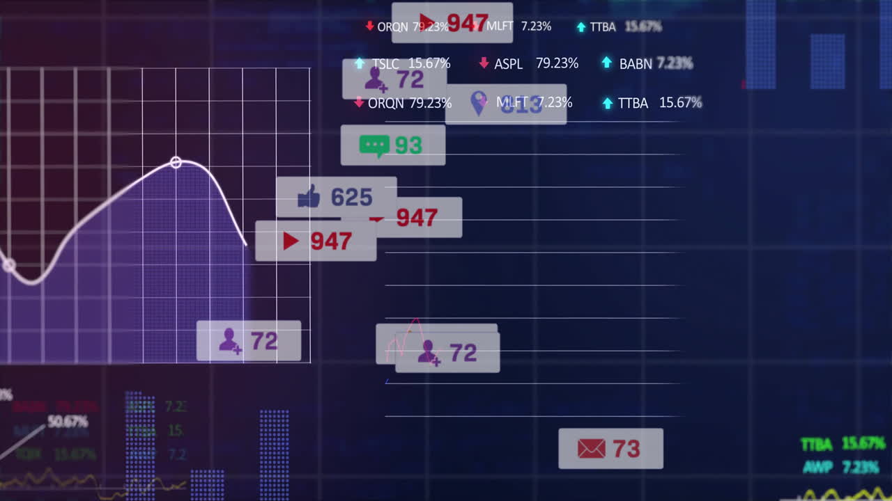Animation of social media engagement icons overlaying digital grid background
