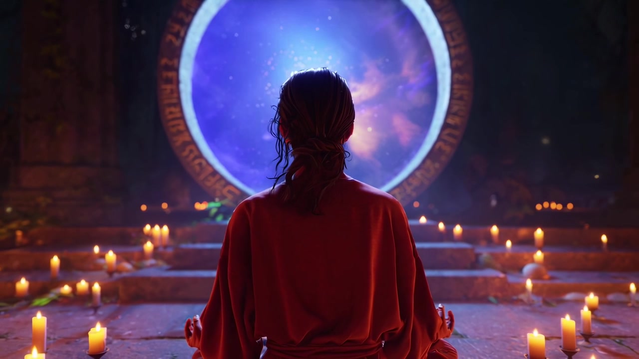 Pessoa Meditando Diante de um Portal Mágico Luminoso