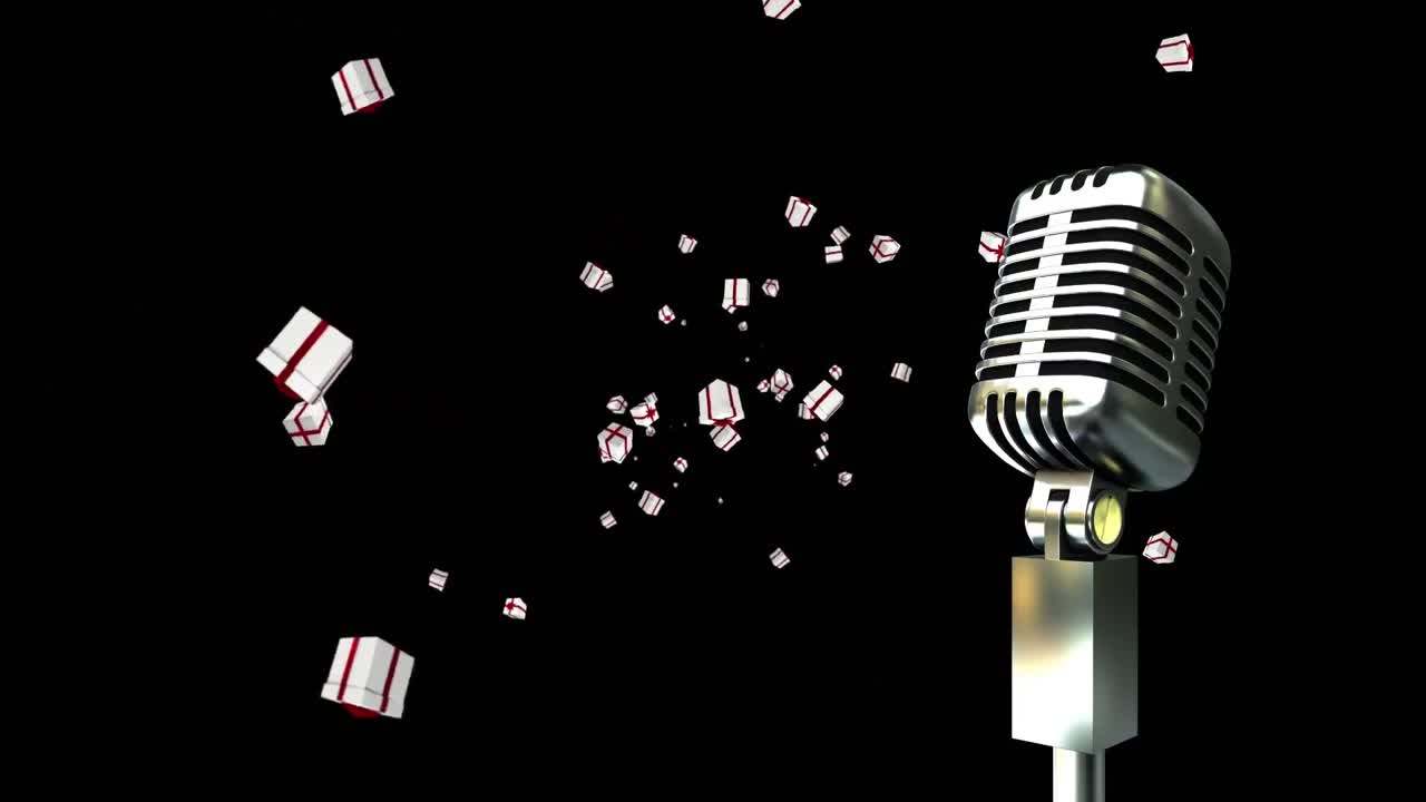블랙 배경 에 떨어지는 크리스마스 선물 과 함께 빈티지 마이크 의 애니메이션