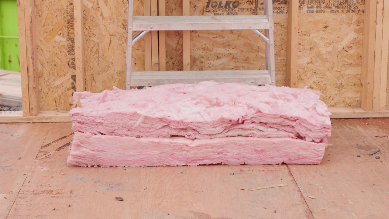 Static shot of a pink foam board resting on an exposed wood floor inside a partially built residential house