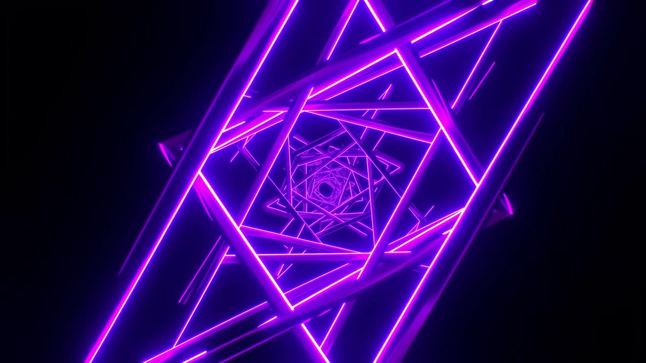 Tunnel al neon magenta che si avvita verso l'interno, bagliore futuristico e linee geometriche formano un caleidoscopio ipnotico. Rotante.