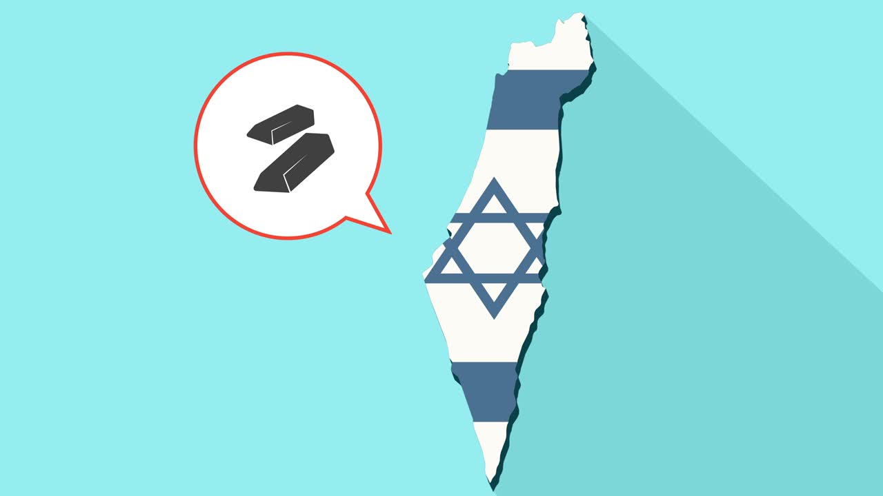 animación de una larga sombra mapa de israel con su bandera y un globo cómico con dos lingotes de oro