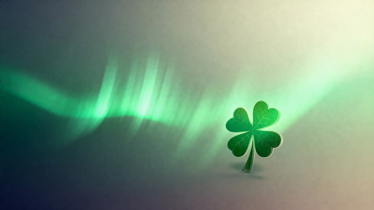 Drifting aurora band entering left, illuminating green four-leaf clover on right third, copy space