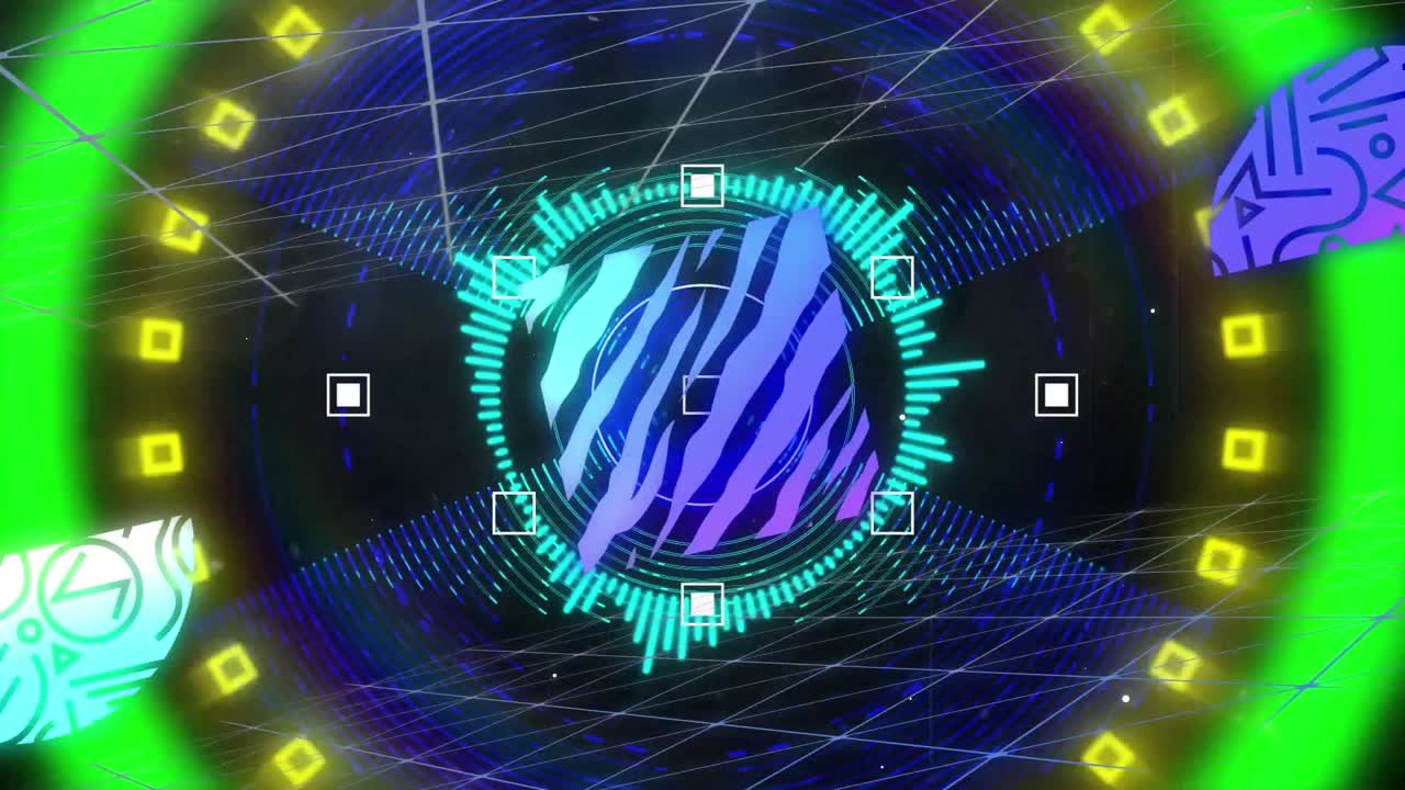 검은색 배경에 디지털 원과 모양의 애니메이션