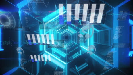 animación de gráficos, globos y lenguaje informático sobre túneles hexágonos contra fondo negro