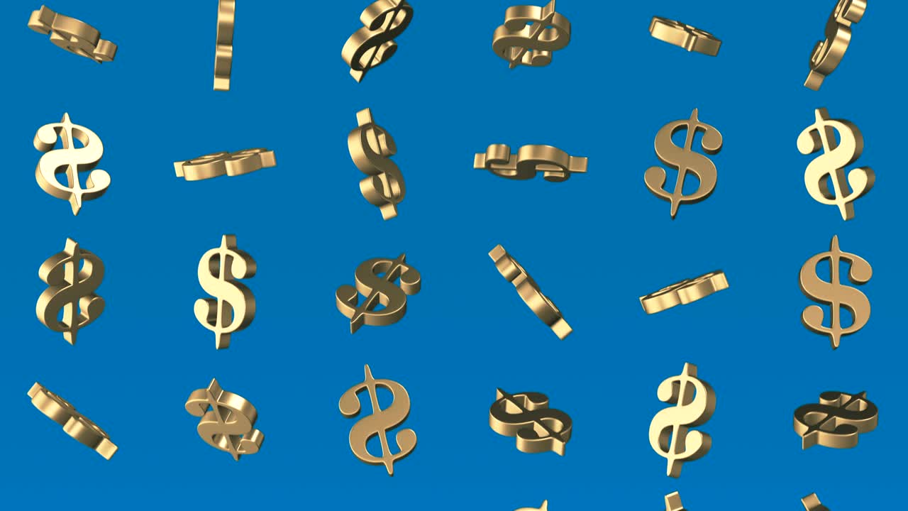 File di simboli del dollaro dorati su sfondo blu