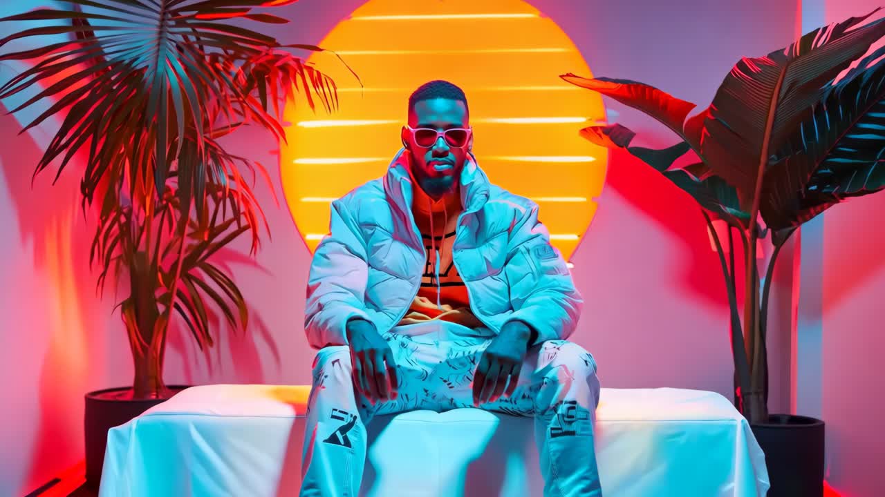 A man sitting on a white couch in front of a colorful wall