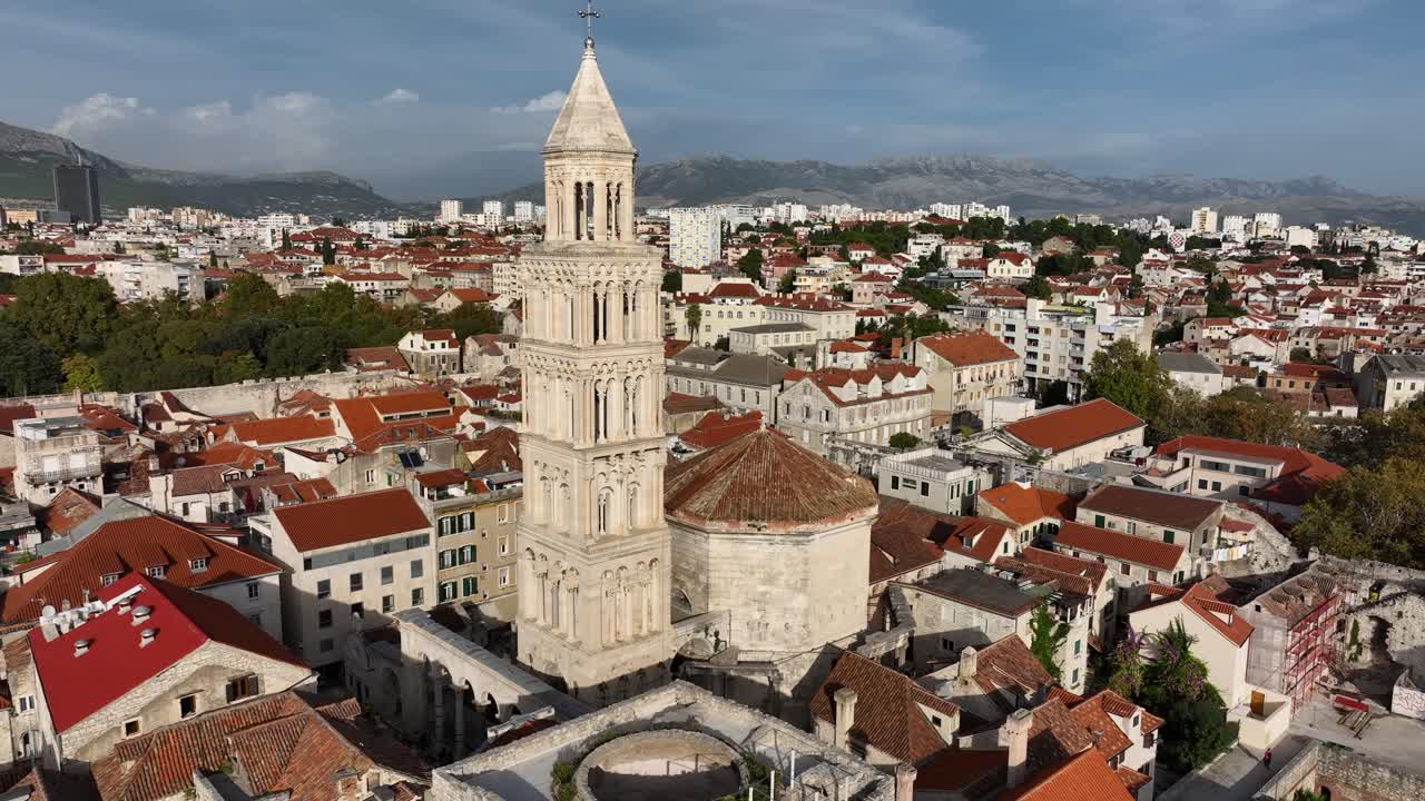 Aerial view of the Bell Tower of the Cathedral of Saint Domnius in Split, Croatia.