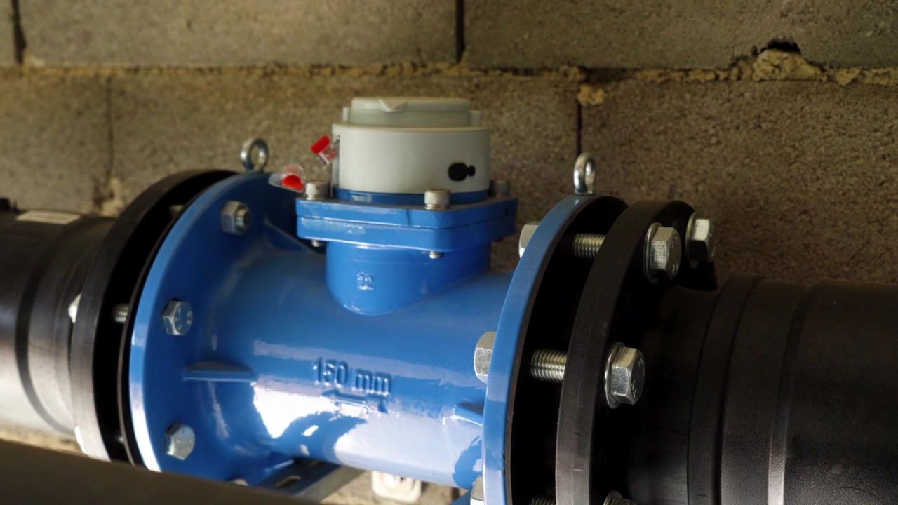 Medidor de água industrial azul instalado em grande tubulação de irrigação interna, com espaçamento de 150mm.