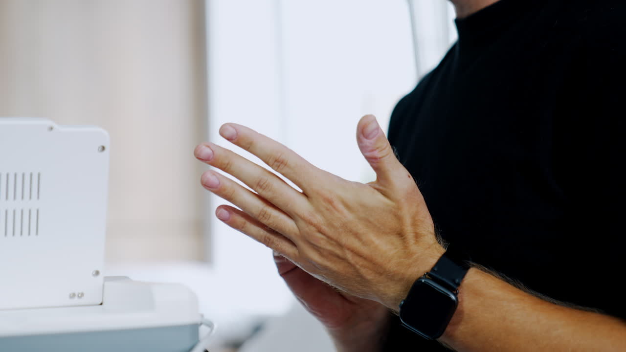 Male hands in praying position. Unrecognized man in black t-shirt rubbing his hands nervously. Close up.