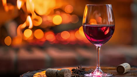 red wine by a cozy fireplace with bokeh lights