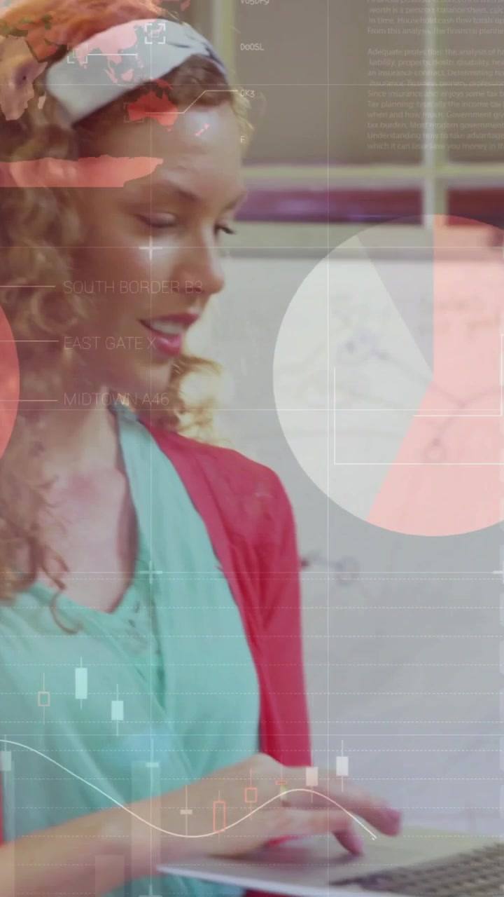 Vertical video: Phone tap causing HUD, lead pointing chart, woman typing laptop for business