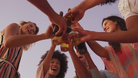 Low-angle-view-of-friends-toasting-on-the-beach-