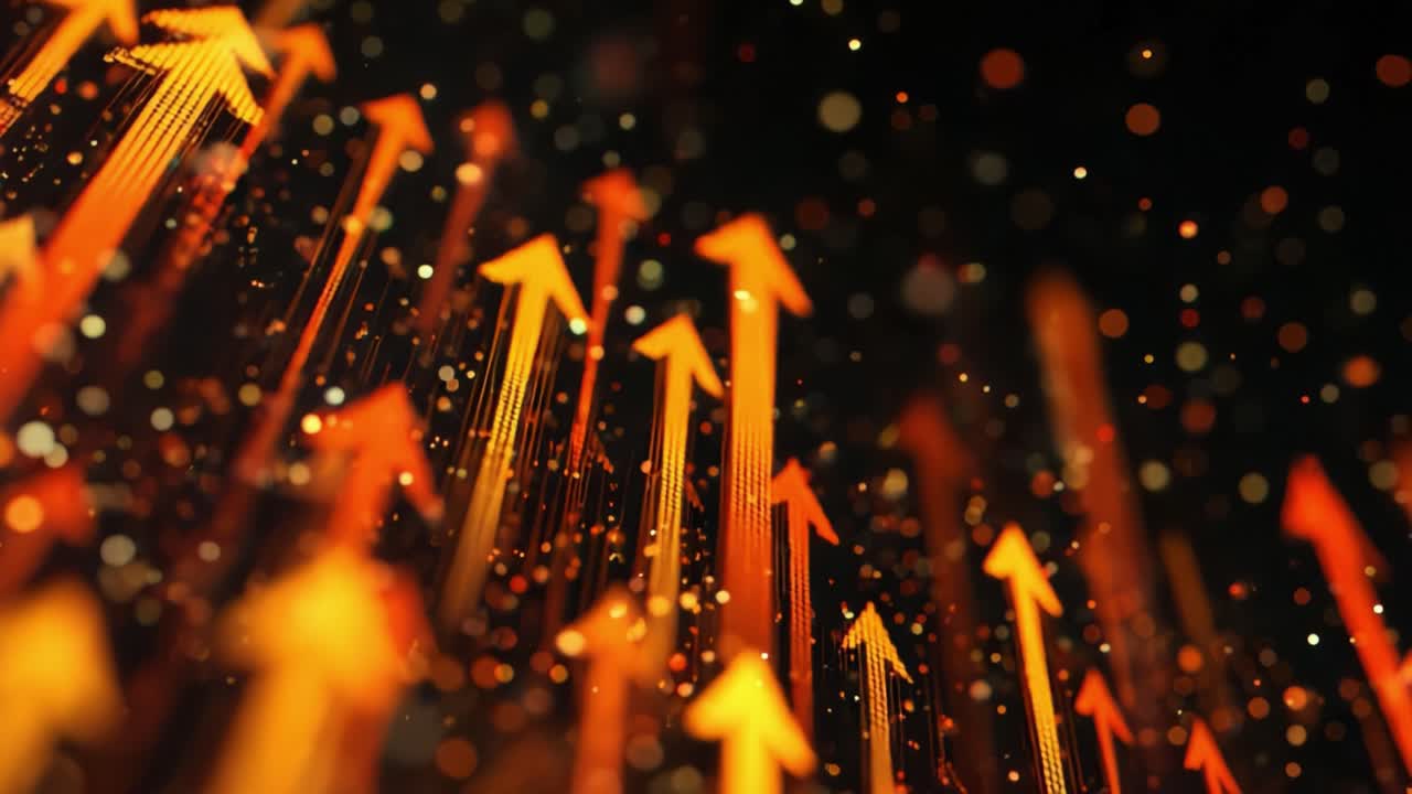 Glowing orange digital arrows rising amid shimmering particles on a dark background, conveying upward momentum, financial growth, tech progress, investment success and forward motion