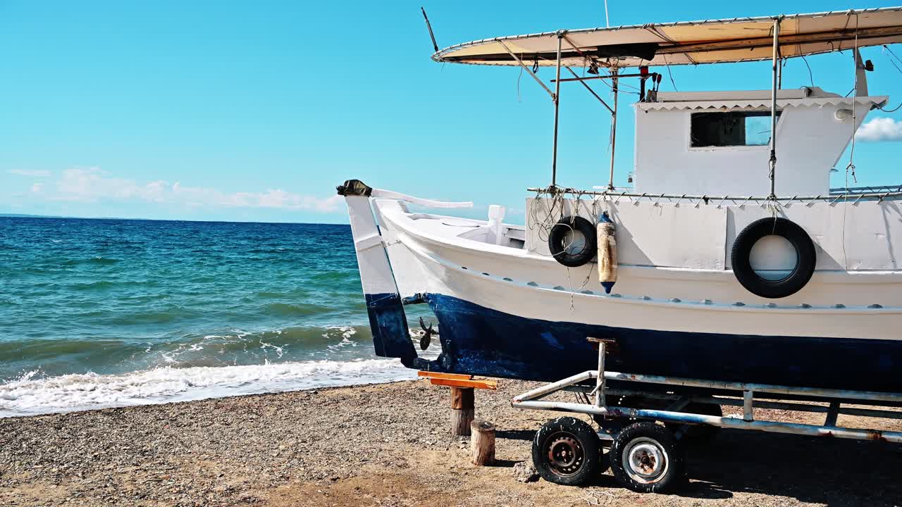 A decoration boat on wheels near the Aegean sea coast in Nikiti, Greece